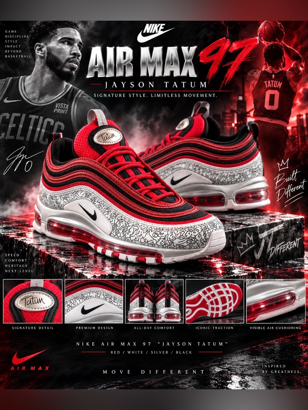 New!🔥Nike Air Max 97 “Jayson Tatum” sneakers. (Red/White/Silver/Black)🔥